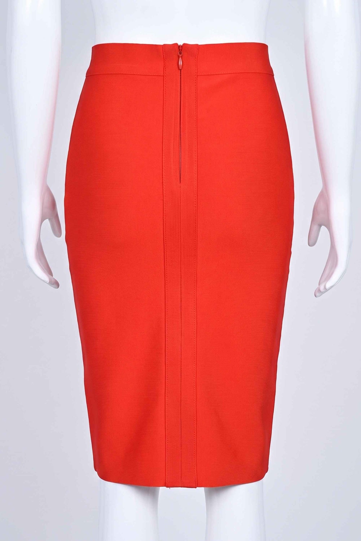 Woman wearing a figure flattering  Pencil High Waist Bandage Knee Length Skirt - Lipstick Red BODYCON COLLECTION