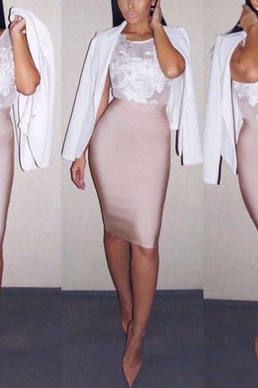 Woman wearing a figure flattering  Pencil High Waist Bandage Knee Length Skirt - Plum Purple BODYCON COLLECTION