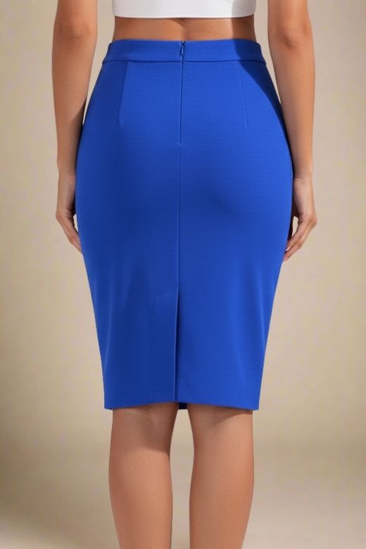 Woman wearing a figure flattering  Pencil High Waist Bandage Knee Length Skirt - Royal Blue BODYCON COLLECTION