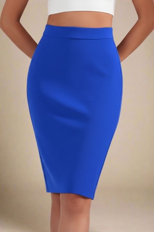 Woman wearing a figure flattering  Pencil High Waist Bandage Knee Length Skirt - Royal Blue BODYCON COLLECTION