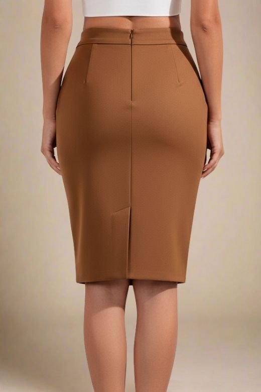 Woman wearing a figure flattering  Pencil High Waist Bandage Knee Length Skirt - Tan Brown BODYCON COLLECTION