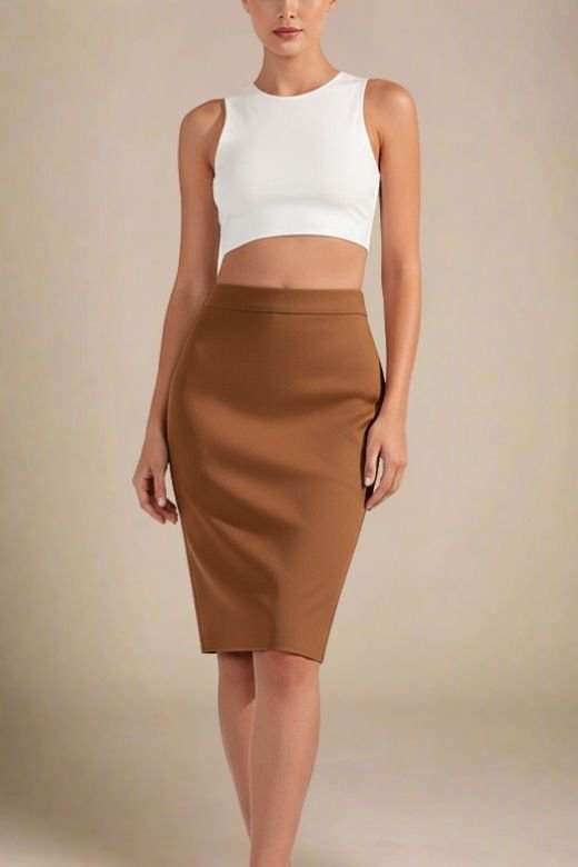 Woman wearing a figure flattering  Pencil High Waist Bandage Knee Length Skirt - Tan Brown BODYCON COLLECTION