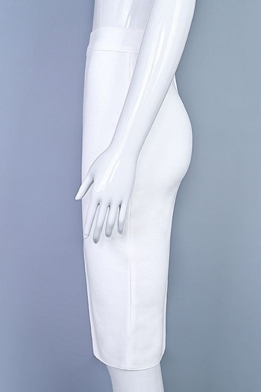 Woman wearing a figure flattering  Pencil High Waist Bandage Knee Length Skirt - White Pearl BODYCON COLLECTION