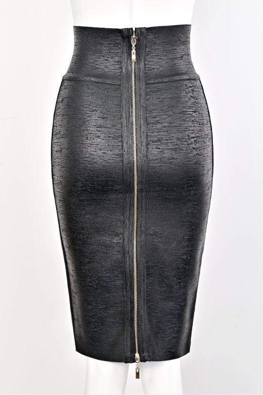 Woman wearing a figure flattering  Pencil High Waist Bandage Metallic Midi Skirt - Classic Black BODYCON COLLECTION