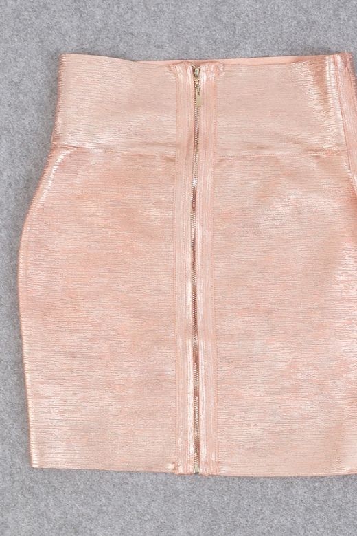 Woman wearing a figure flattering  Pencil High Waist Bandage Metallic Mini Skirt - Baby Pink BODYCON COLLECTION