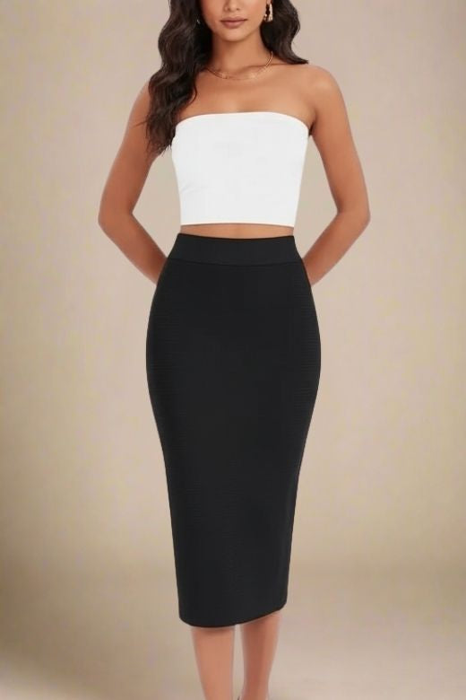 Woman wearing a figure flattering  Pencil High Waist Bandage Midi Skirt - Classic Black BODYCON COLLECTION