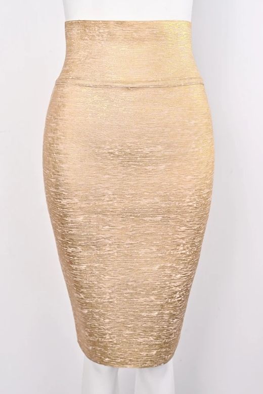 Woman wearing a figure flattering  Pencil High Waist Bandage Midi Skirt - Gold BODYCON COLLECTION