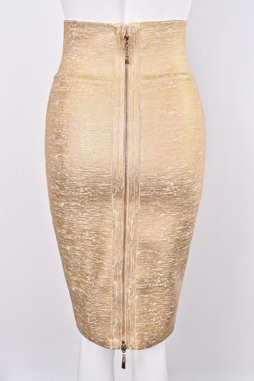 Woman wearing a figure flattering  Pencil High Waist Bandage Midi Skirt - Gold BODYCON COLLECTION