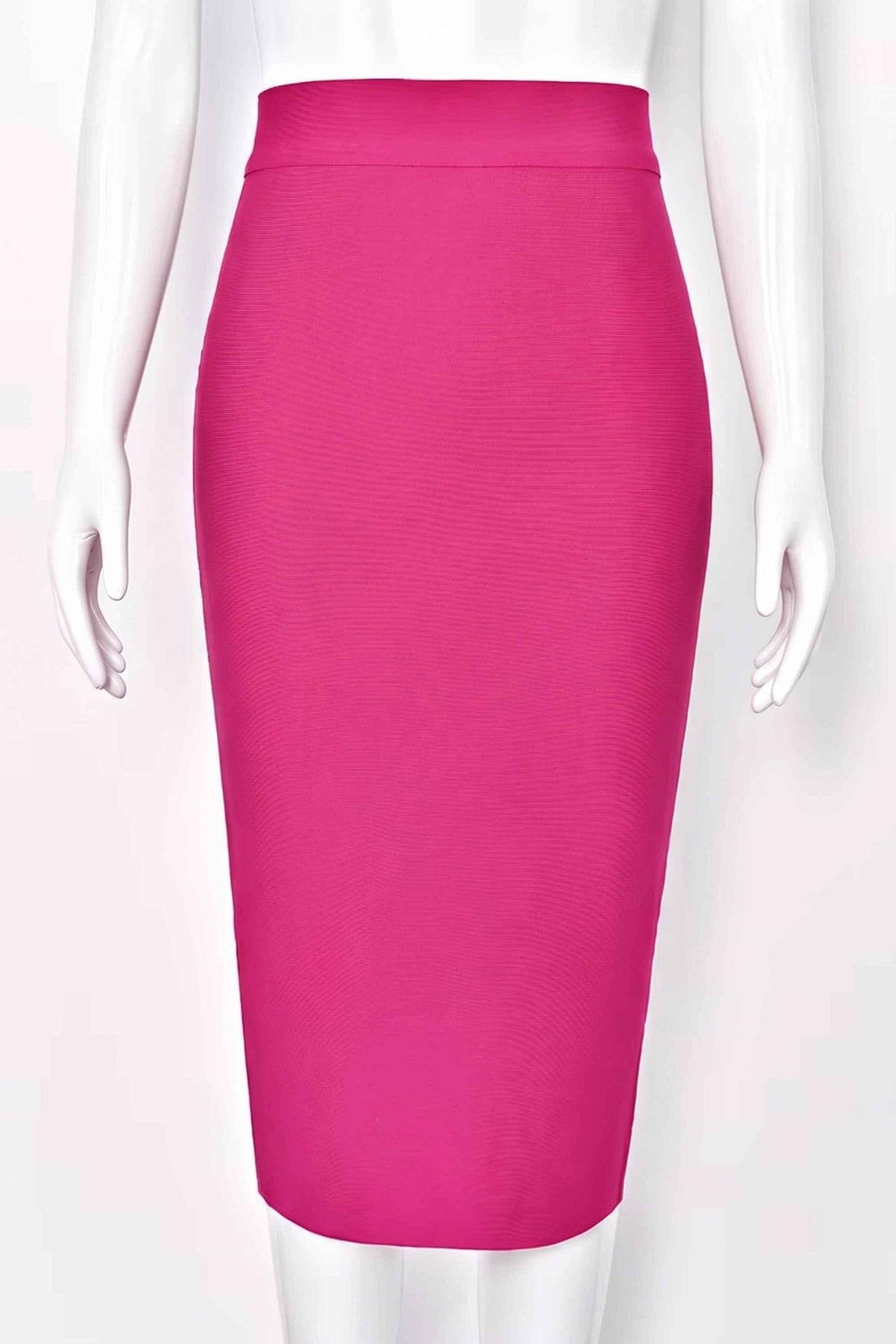 Woman wearing a figure flattering  Pencil High Waist Bandage Midi Skirt - Hot Pink BODYCON COLLECTION