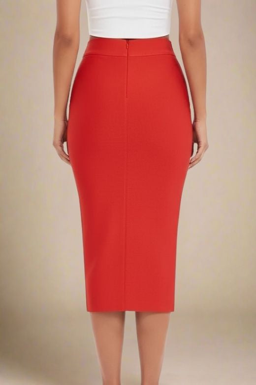 Woman wearing a figure flattering  Pencil High Waist Bandage Midi Skirt - Lipstick Red BODYCON COLLECTION