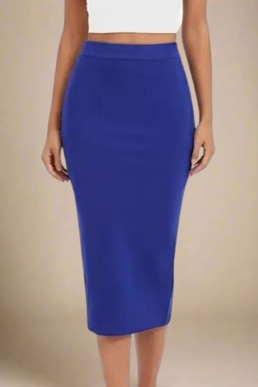 Woman wearing a figure flattering  Pencil High Waist Bandage Midi Skirt - Navy Blue BODYCON COLLECTION