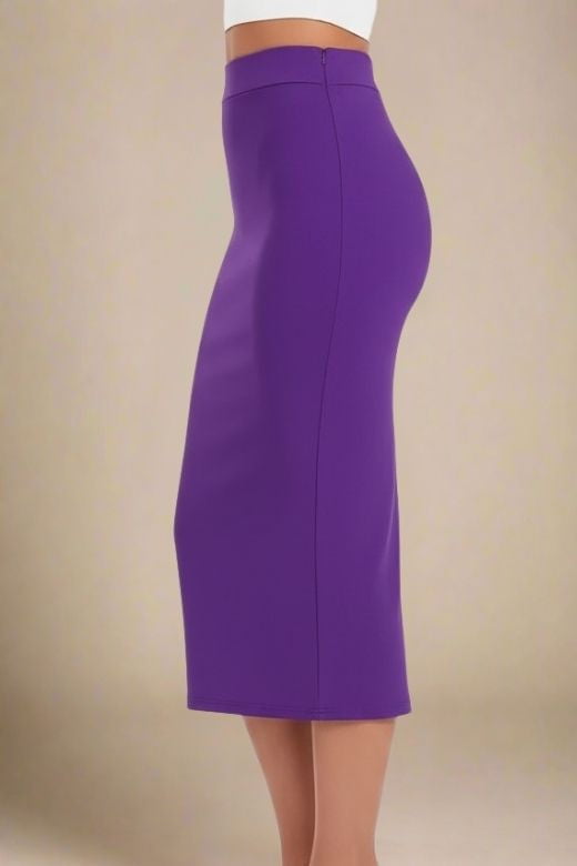 Woman wearing a figure flattering  Pencil High Waist Bandage Midi Skirt - Plum Purple BODYCON COLLECTION