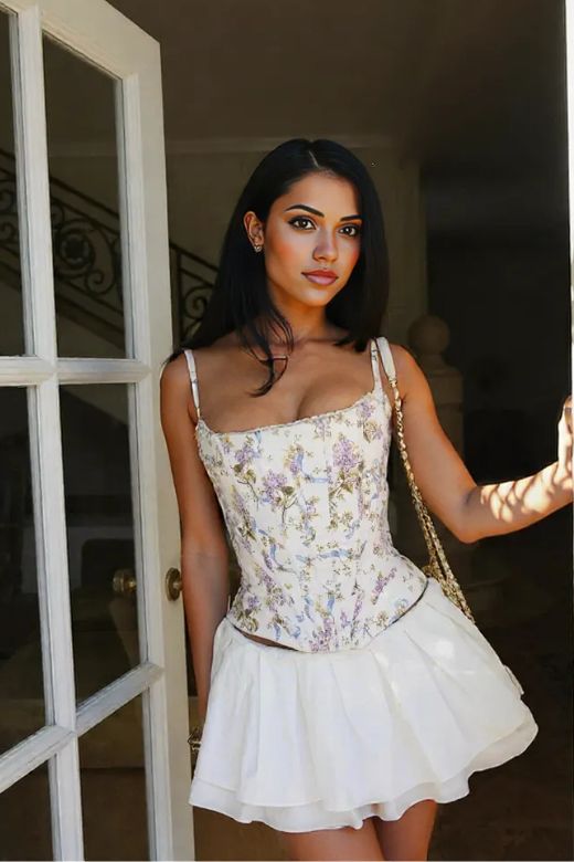 Woman wearing a figure flattering  Penny Corset Top - White Floral BODYCON COLLECTION Pty Ltd