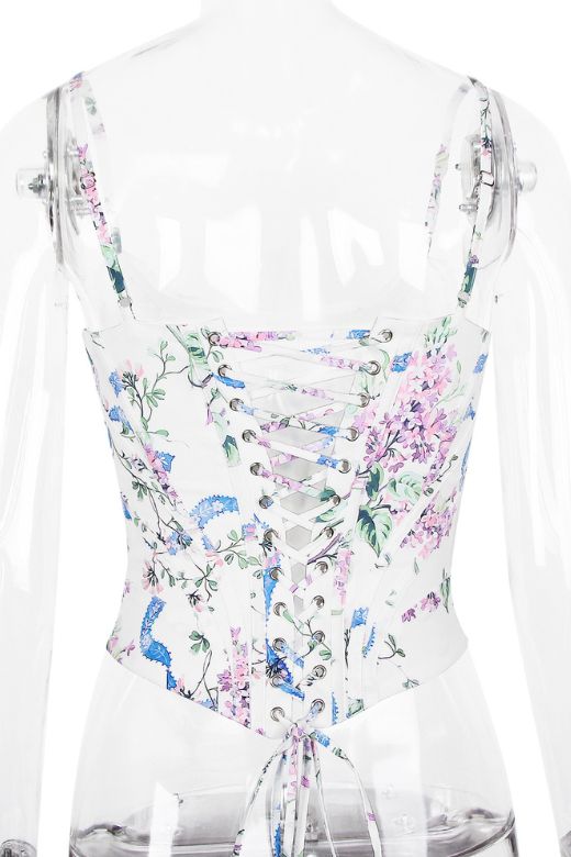 Woman wearing a figure flattering  Penny Corset Top - White Floral BODYCON COLLECTION Pty Ltd