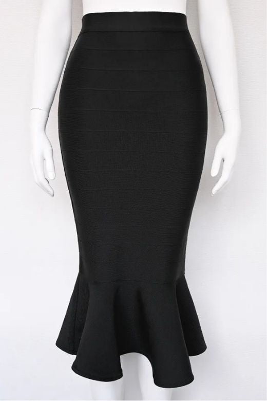 Woman wearing a figure flattering  Peplum High Waist Bandage Midi Skirt - Classic Black BODYCON COLLECTION