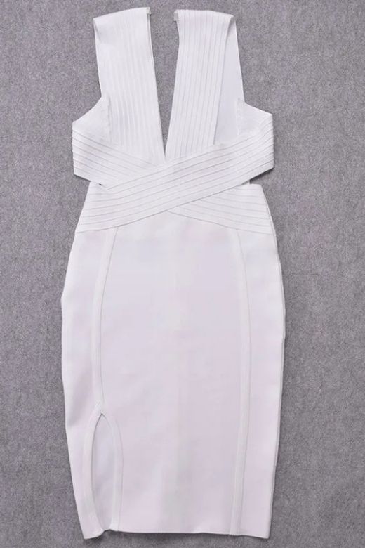 Woman wearing a figure flattering  Pia Bandage Dress - White Pearl BODYCON COLLECTION