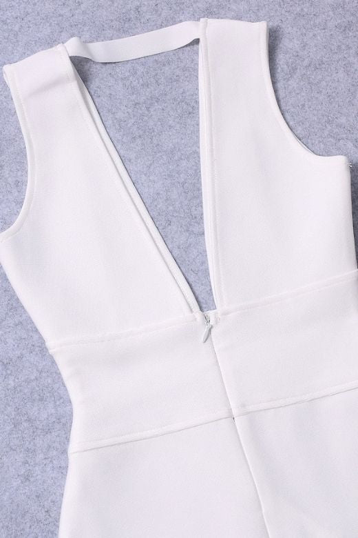 Woman wearing a figure flattering  Pia Bandage Midi Dress - White Pearl BODYCON COLLECTION