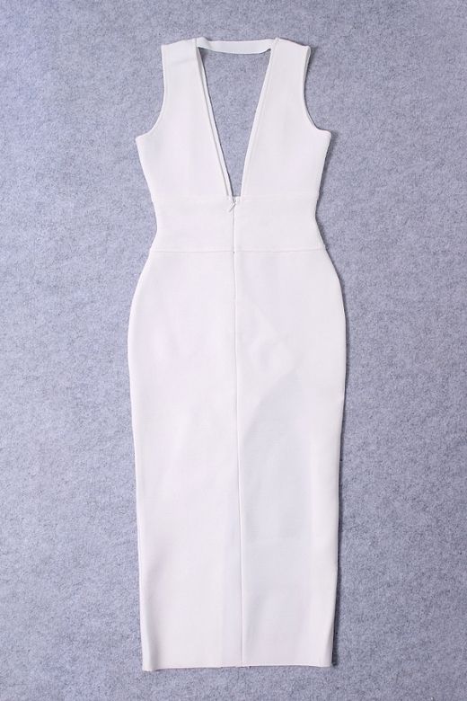 Woman wearing a figure flattering  Pia Bandage Midi Dress - White Pearl BODYCON COLLECTION