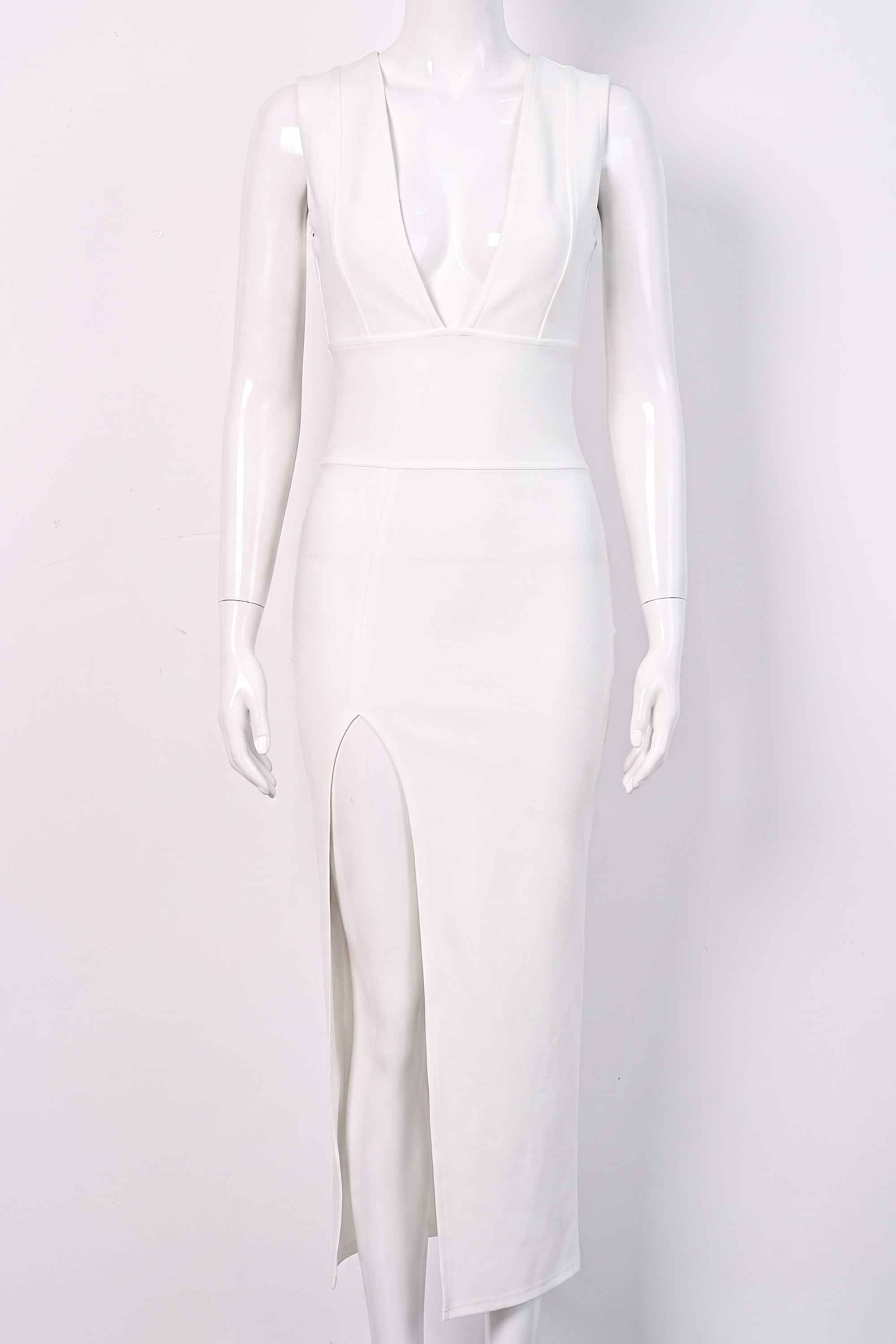 Woman wearing a figure flattering  Pia Bandage Midi Dress - White Pearl BODYCON COLLECTION