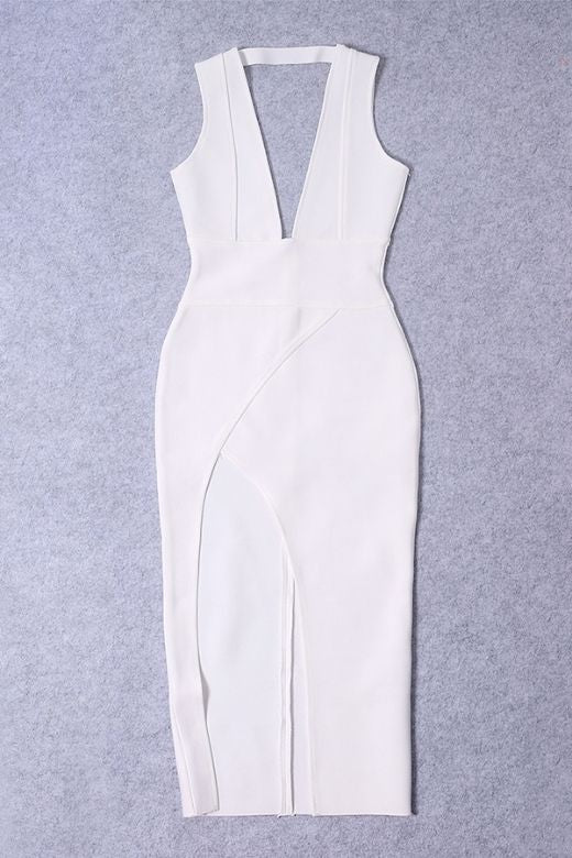 Woman wearing a figure flattering  Pia Bandage Midi Dress - White Pearl BODYCON COLLECTION