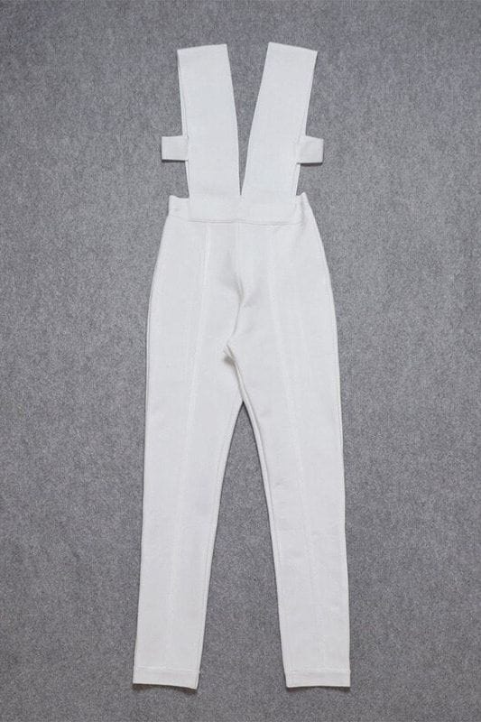 Woman wearing a figure flattering  Pia Bandage Pants Jumpsuit - Cream BODYCON COLLECTION