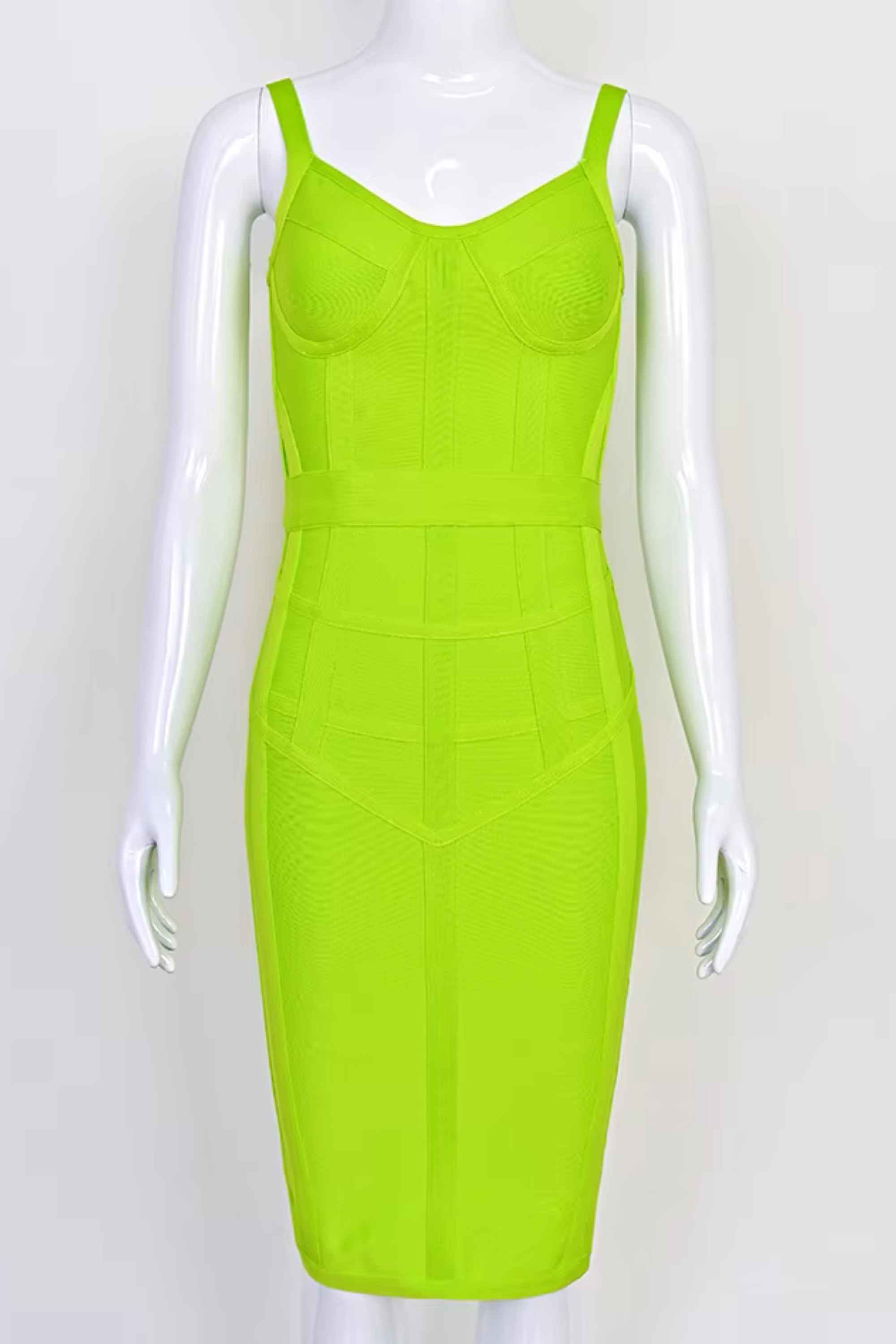 Woman wearing a figure flattering  Pip Bandage Corset Dress - Neon Green Bodycon Collection