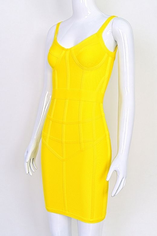 Woman wearing a figure flattering  Pip Bandage Mini Dress - Sun Yellow BODYCON COLLECTION