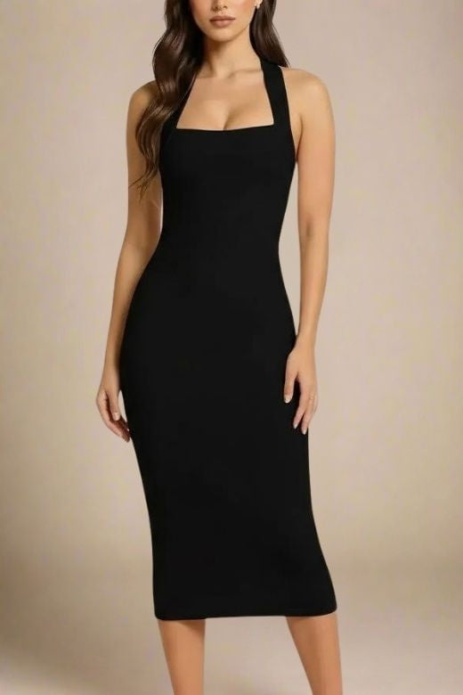 Woman wearing a figure flattering  Raya Bodycon Midi Dress - Classic Black BODYCON COLLECTION Pty Ltd