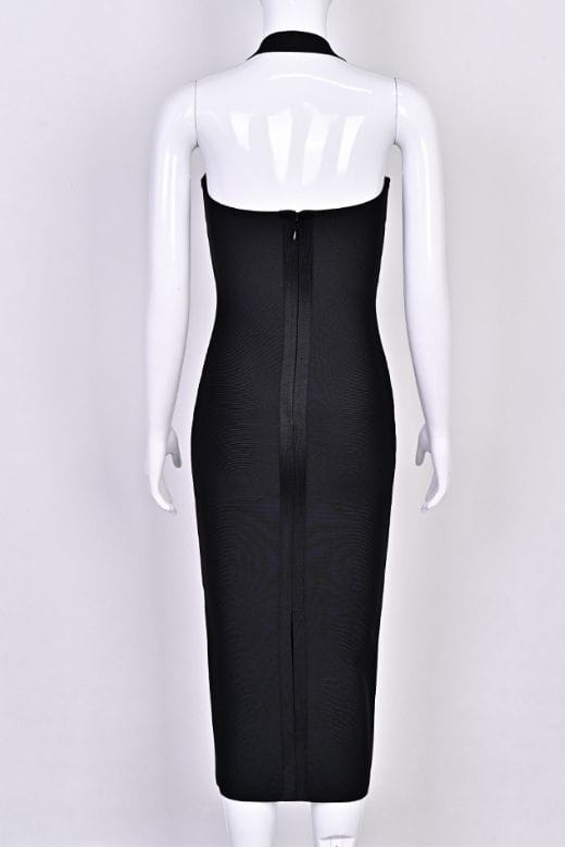 Woman wearing a figure flattering  Raya Bodycon Midi Dress - Classic Black BODYCON COLLECTION Pty Ltd