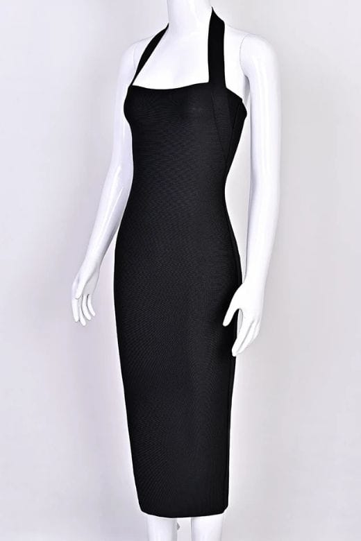 Woman wearing a figure flattering  Raya Bodycon Midi Dress - Classic Black BODYCON COLLECTION Pty Ltd