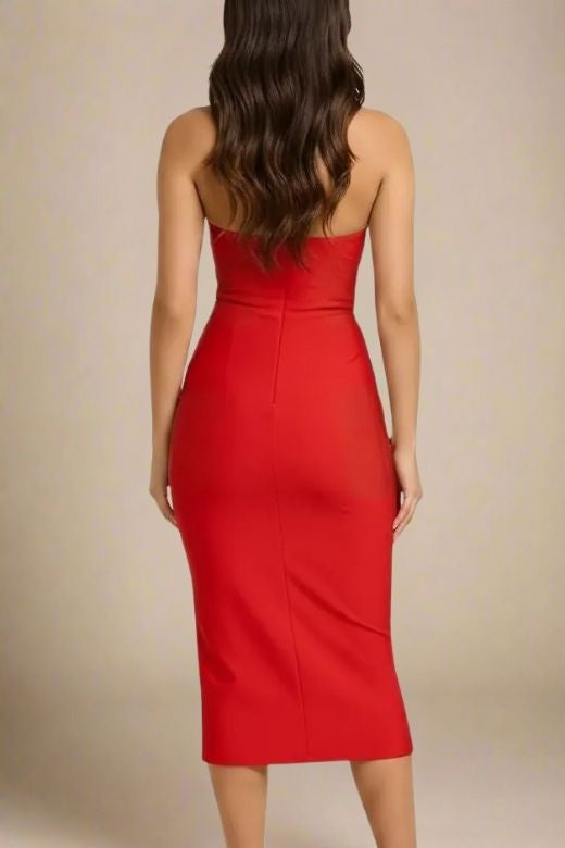 Woman wearing a figure flattering  Raya Bodycon Midi Dress - Lipstick Red BODYCON COLLECTION Pty Ltd