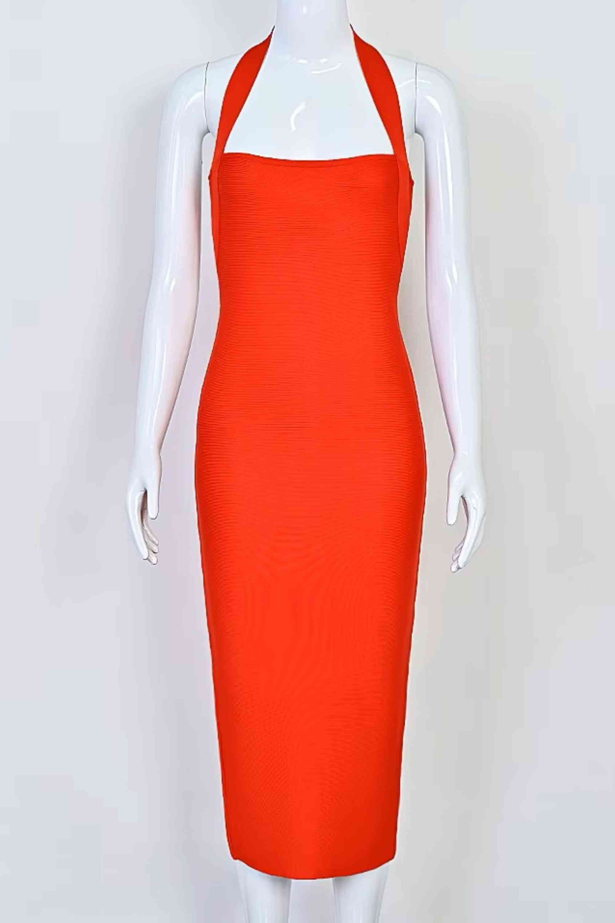 Woman wearing a figure flattering  Raya Bodycon Midi Dress - Lipstick Red BODYCON COLLECTION Pty Ltd
