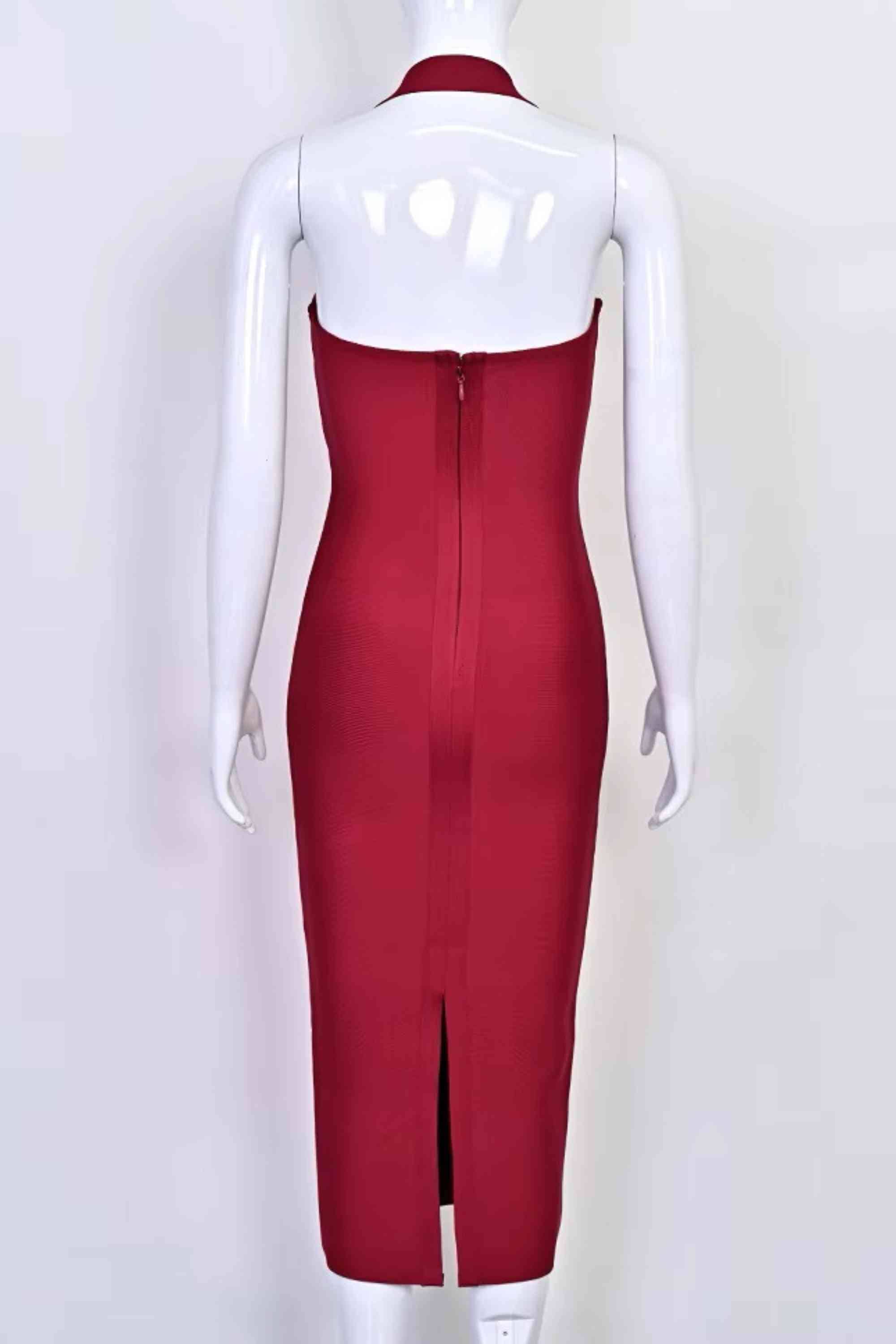 Woman wearing a figure flattering  Raya Bodycon Midi Dress - Red Wine BODYCON COLLECTION Pty Ltd