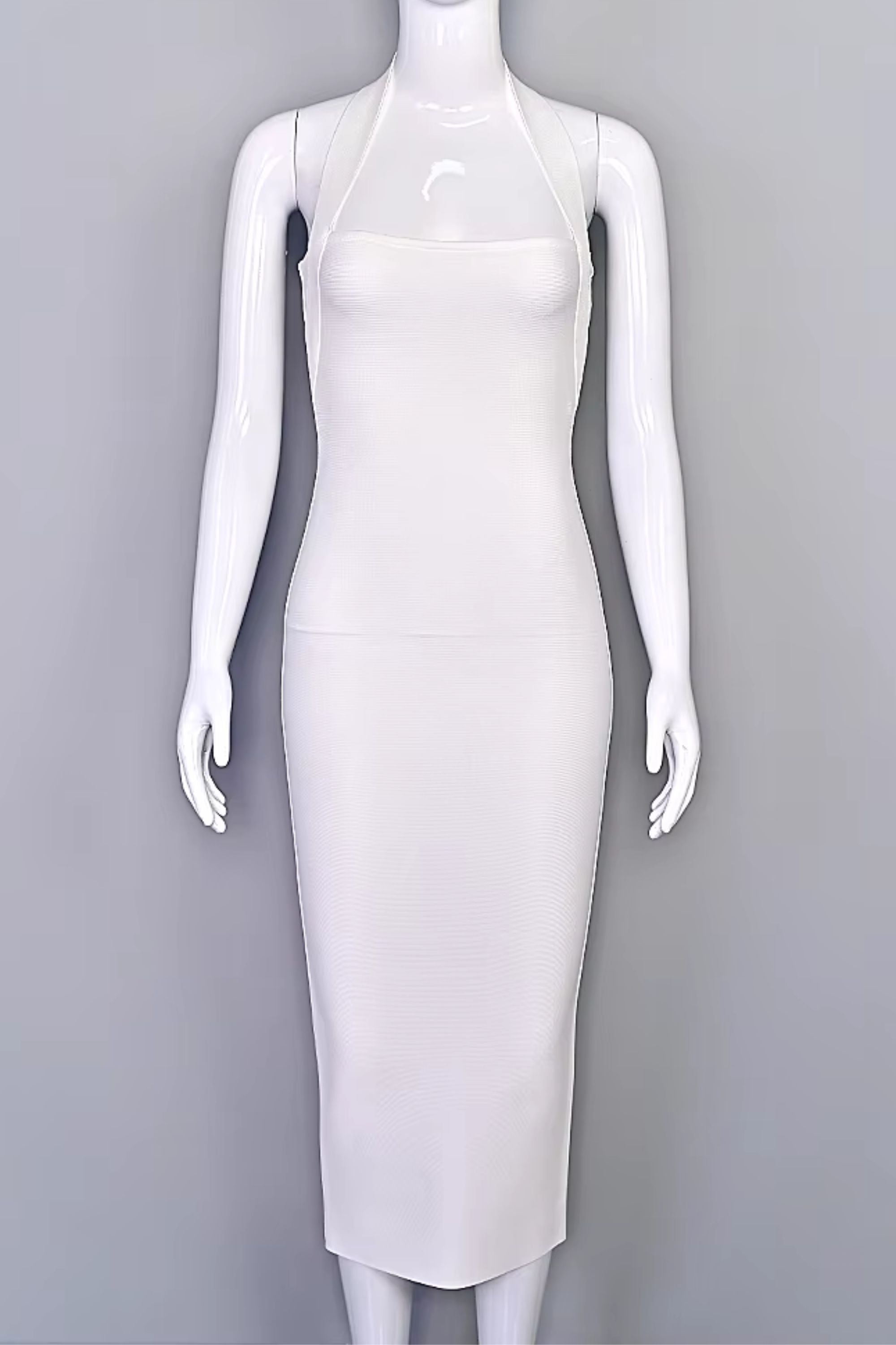 Woman wearing a figure flattering  Raya Bodycon Midi Dress - White Pearl BODYCON COLLECTION Pty Ltd