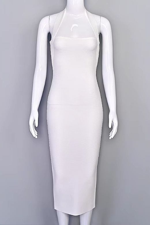 Woman wearing a figure flattering  Raya Bodycon Midi Dress - White Pearl BODYCON COLLECTION Pty Ltd