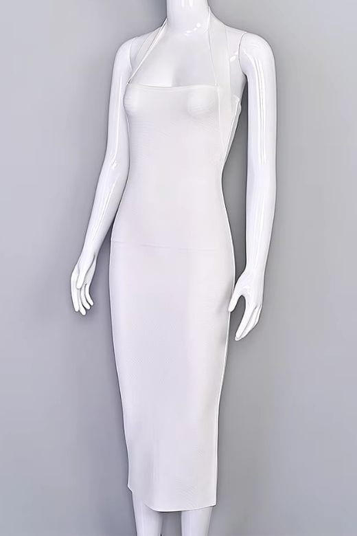 Woman wearing a figure flattering  Raya Bodycon Midi Dress - White Pearl BODYCON COLLECTION Pty Ltd
