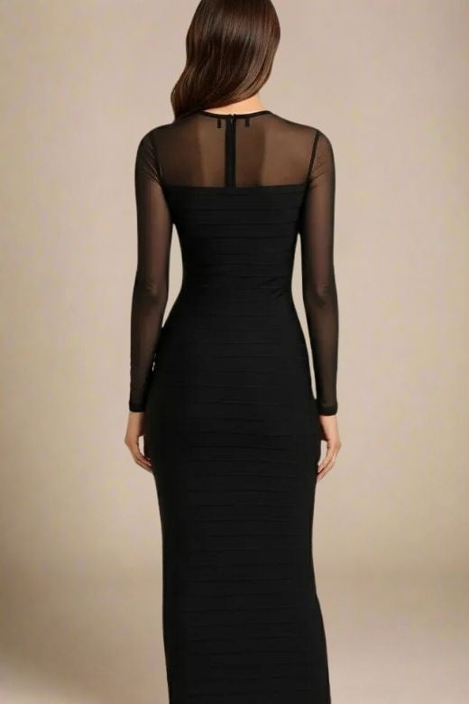 Woman wearing a figure flattering  Robin Long Sleeve Bandage Maxi Dress - Classic Black BODYCON COLLECTION Pty Ltd