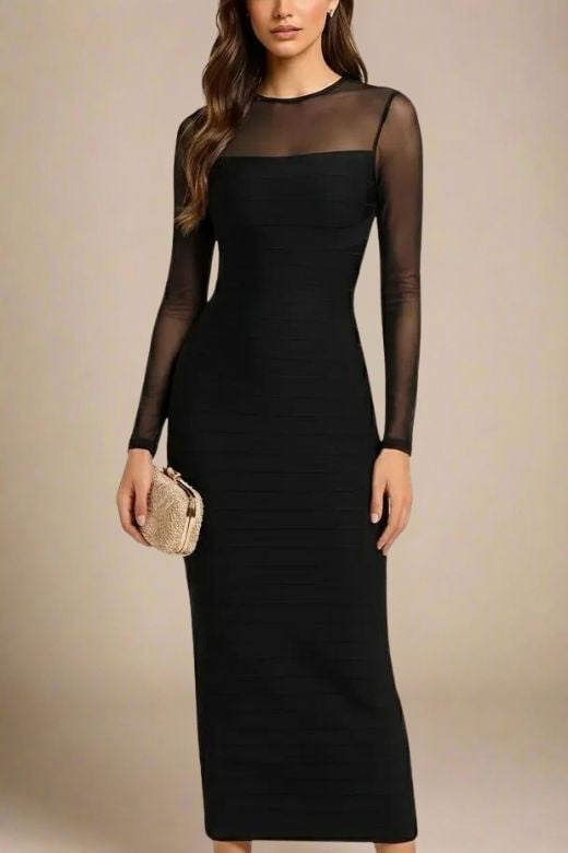 Woman wearing a figure flattering  Robin Long Sleeve Bandage Maxi Dress - Classic Black BODYCON COLLECTION Pty Ltd
