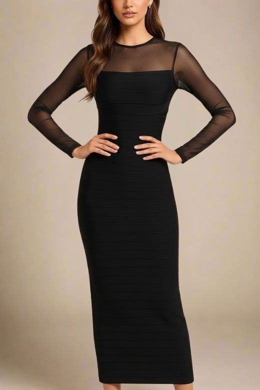 Woman wearing a figure flattering  Robin Long Sleeve Bandage Maxi Dress - Classic Black BODYCON COLLECTION Pty Ltd
