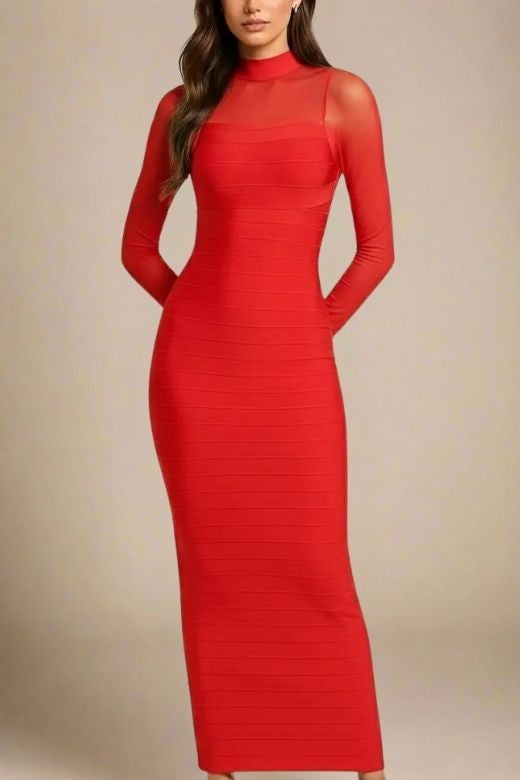 Woman wearing a figure flattering  Robin Long Sleeve Bandage Maxi Dress - Lipstick Red BODYCON COLLECTION Pty Ltd