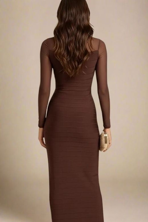 Woman wearing a figure flattering  Robin Long Sleeve Bandage Maxi Dress - Tan Brown BODYCON COLLECTION Pty Ltd