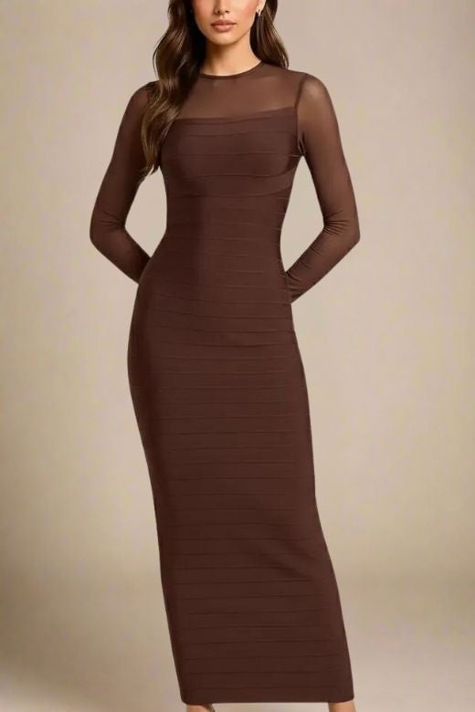 Woman wearing a figure flattering  Robin Long Sleeve Bandage Maxi Dress - Tan Brown BODYCON COLLECTION Pty Ltd