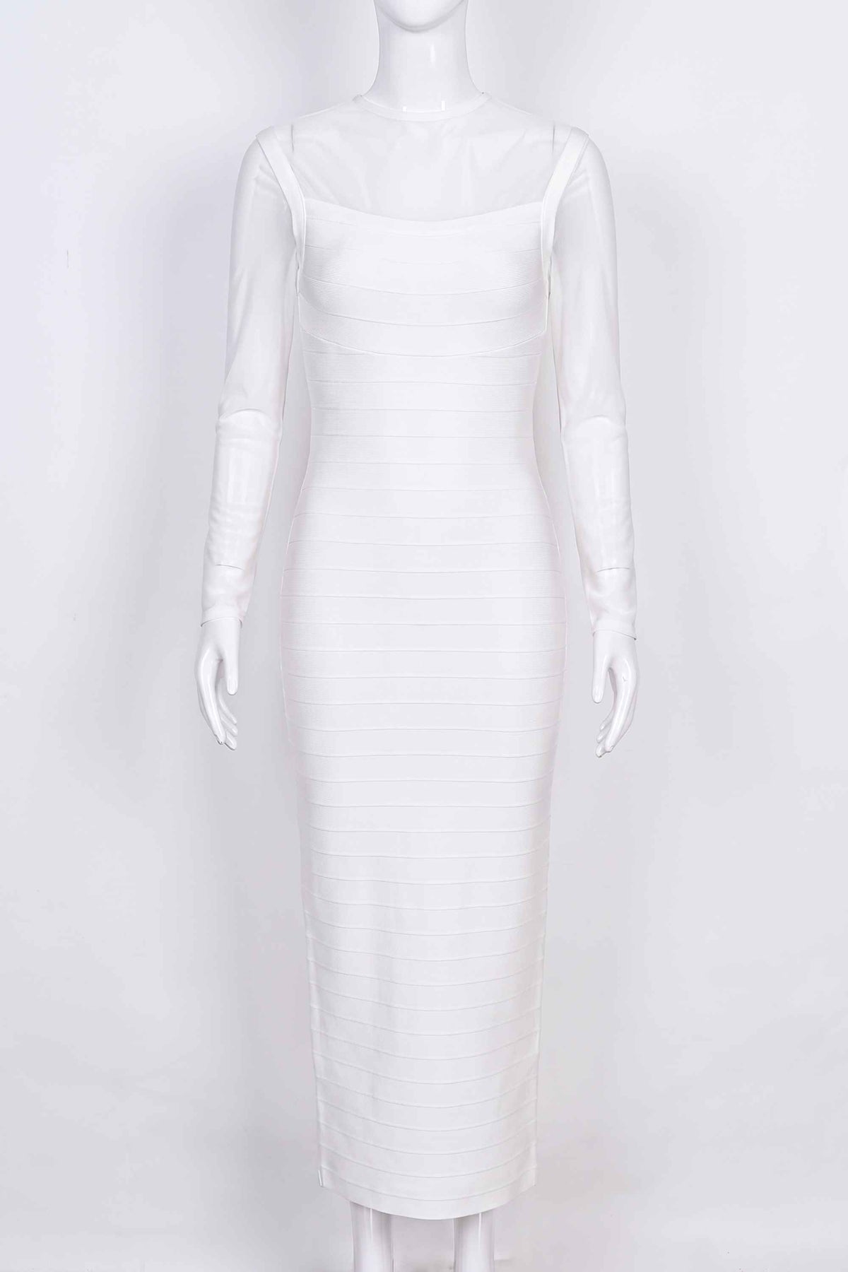 Woman wearing a figure flattering  Robin Long Sleeve Bandage Maxi Dress - White Pearl BODYCON COLLECTION Pty Ltd