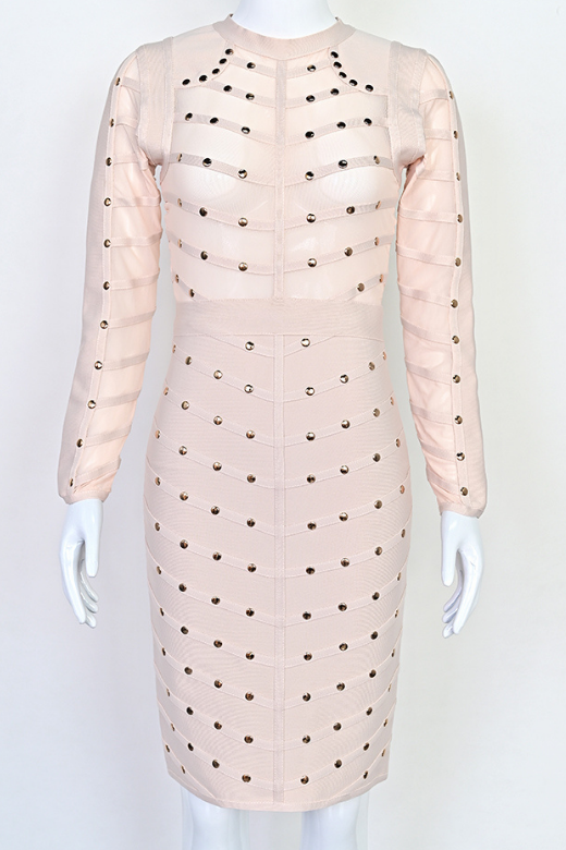 Woman wearing a figure flattering  Rosa Long Sleeve Bodycon Dress - Cream BODYCON COLLECTION