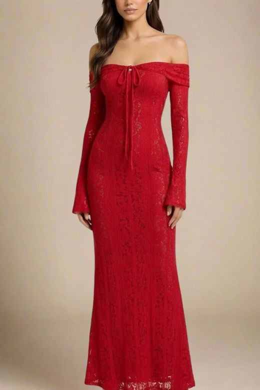 Woman wearing a figure flattering  Rose Long Sleeve Bodycon Maxi Dress - Lipstick Red BODYCON COLLECTION