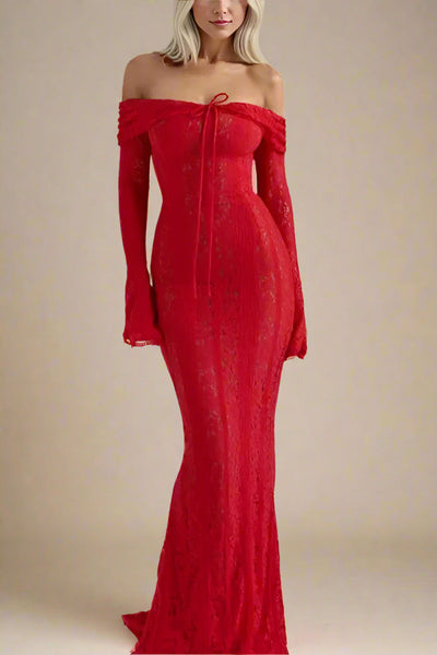 Woman wearing a figure flattering  Rose Long Sleeve Bodycon Maxi Dress - Lipstick Red BODYCON COLLECTION