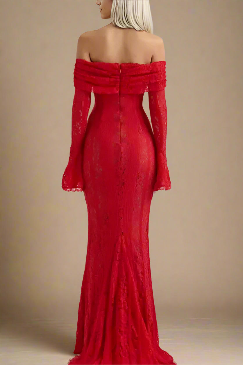 Woman wearing a figure flattering  Rose Long Sleeve Bodycon Maxi Dress - Lipstick Red BODYCON COLLECTION