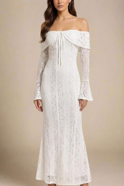 Woman wearing a figure flattering  Rose Long Sleeve Bodycon Maxi Dress - Pearl White BODYCON COLLECTION