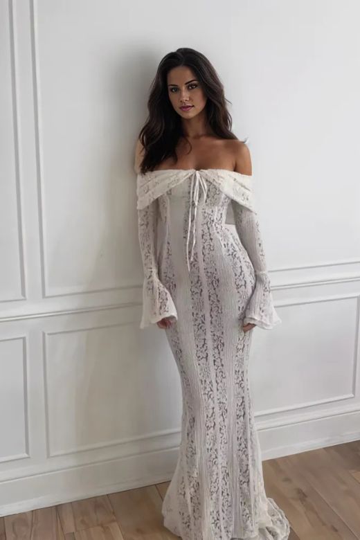 Woman wearing a figure flattering  Rose Long Sleeve Bodycon Maxi Dress - Pearl White BODYCON COLLECTION