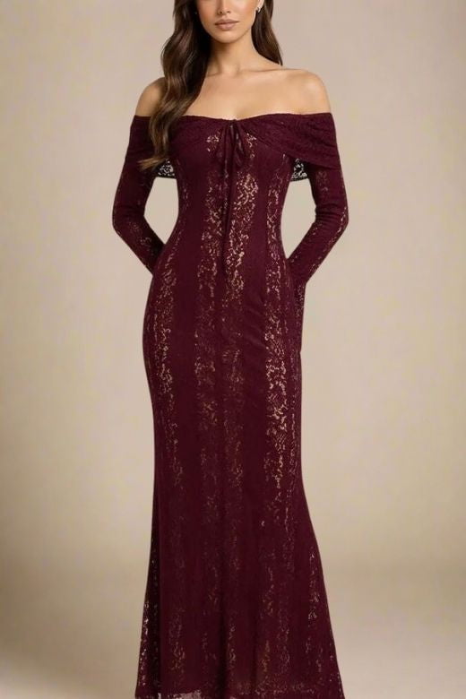 Woman wearing a figure flattering  Rose Long Sleeve Bodycon Maxi Dress - Sangria Purple BODYCON COLLECTION